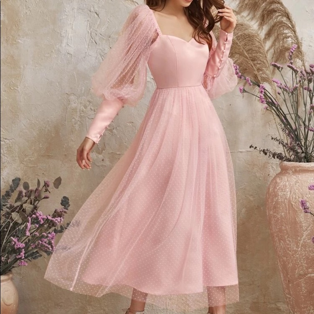 Light Pink Zip Back Button Flocked Mesh Dress